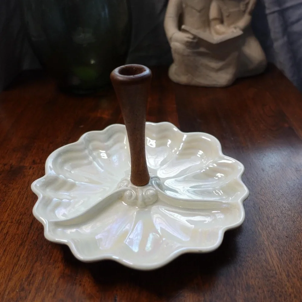 Vintage Maddux Ceramic Tidbit Tray: Iridescent Clam Shell‎ with Wood Centerpiece